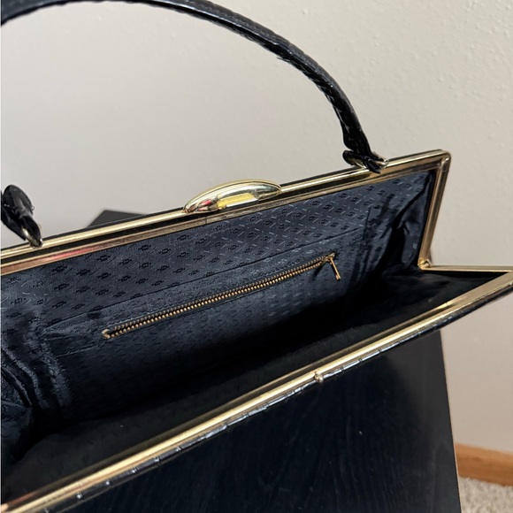 Vintage Black Croc Embossed Top Handle Clutch Prom Wedding